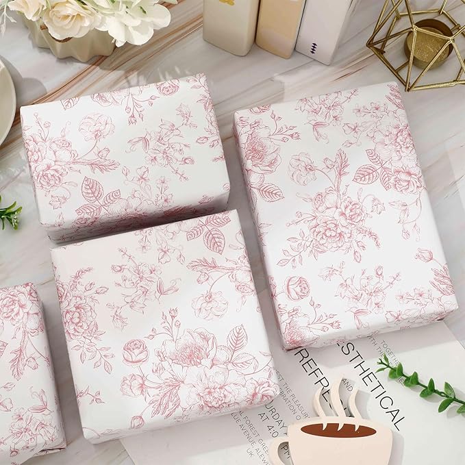 JarThenaAMCS Rose Gold Floral Wrapping Paper - Mini Roll - 17 Inch x 32.8 Ft Vintage Flower Gift Wrap Paper Decorative Art Paper for DIY Crafts Supplies