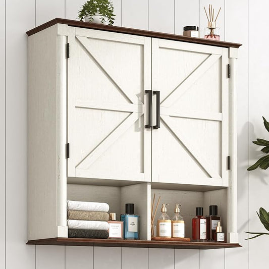 Farmhouse Bathroom Storage Cabinet,Double Wooden Bathroom Wall Cabinet with Roman Column Decor, Farmhouse Medicine Cabinets w Barn Doors,Storage Cabinets Wall Mounted for Kitchen(Rustic White)
