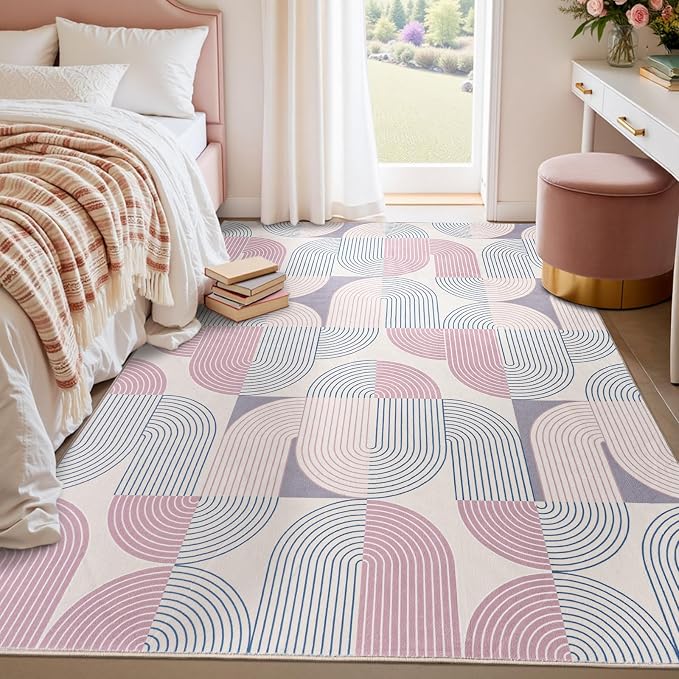 Living Room Rugs 4x6, Washable Modern Geometric Mid Century Rug for Bedroom, Soft Non-Slip Indoor Floor Boho Abstract Carpet for Dining Room Nursery Home, Pink/Purple