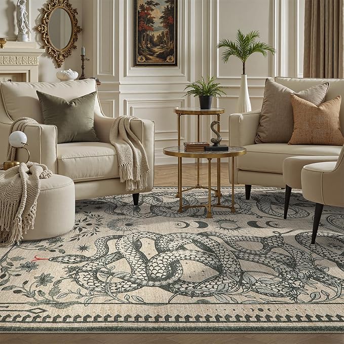 DCX Washable 3x5 Snake Rug, Beige Gothic Rug for Living Room, Soft Low Pile Carpet, Kid & Pet Friendly with Rubber Back Non Slip, Stain Resistant Rug for Bedroom Dining Room Office