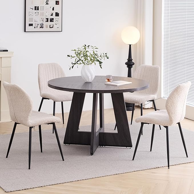 47" Round Dining Table Set for 4 with Chairs Kitchen Table and Chairs Set Mid-Century Modern Chair with Metal Leg for Apartment Living Room(Dark Gray Table with 4 Beige Chairs)