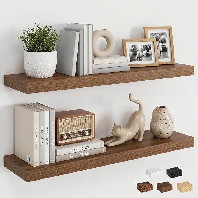 Dreamland Floating Shelves for Wall, 27.5 Inch Long Shelves, Wall Decor for Bedroom, Kitchen, Living Room & Book Storage, Mounted Floating Shelf with Invisible Brackets, Set of 2, Walnut