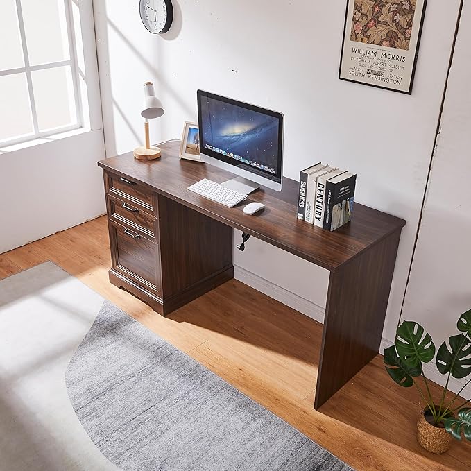 60" Farmhouse Executive Desk with Charging Station,Home Office Desk with 2 Drawers &1 File Cabinet,Wood Work Desk for Office and Home (Brown)
