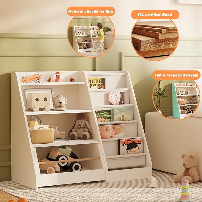 NACHES Kids Bookshelf,Toddler Bookcase Toy Bin with 1 Drawer 3 Sling Pockets –Children Bookshelf with Storage for Bedroom,Nursery or Playroom FSC Wood,Trapezoid 35" W, White (1 Movable Drawer)