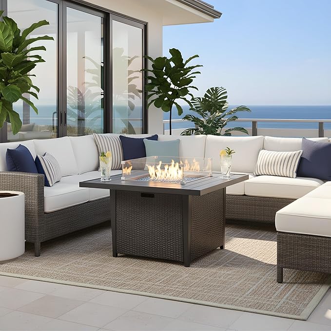 42'' Propane Fire Pit Table, 50,000 BTU Outdoor Gas Fire Table with Lid, Square Aluminum Fire Table with Wind Guard and Weather Cover, 2 in 1 Rattan Firepit Table for Outside Patio, Backyard, Gray