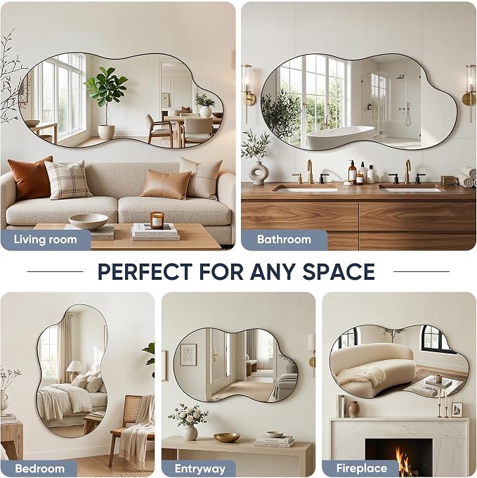 Irregular Wall Mirror, 26"x40" Asymmetrical Mirror with Metal Frame, Modern Unique Decorative Mirrors for Bathroom, Wall Decor, Entryway, Living Room, Black