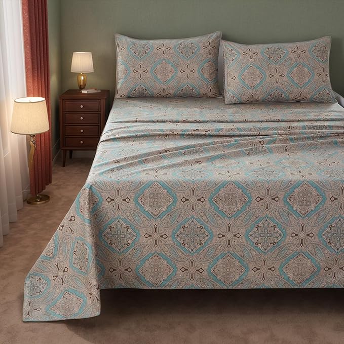 Brandream Boho Paisley Print Luxury Bedding Bohemian Damask Medallion King Size Sheet Set 800TC Egyptian Cotton Sateen Deep Pocket, 4 Piece, Taupe