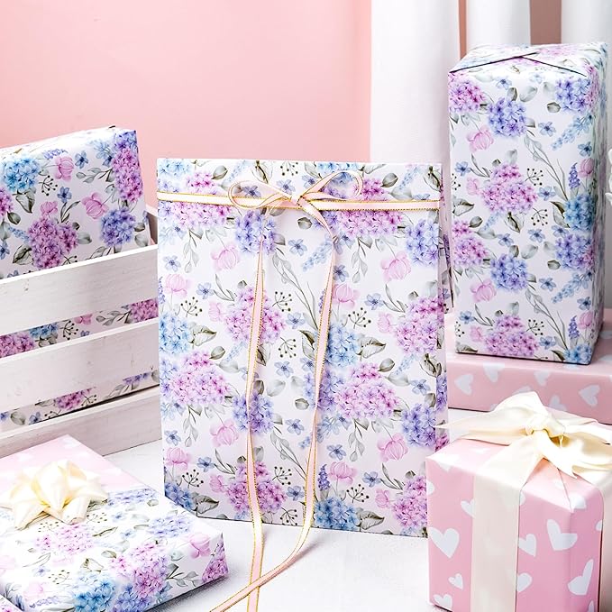 Yarcony Blue Floral Wrapping Paper Roll - Mini Roll,17 Inch X 33 Feet - Elegant Watercolor Hydrangea Flower Gift Wrap for Wedding, Bridal Shower, Anniversary, Mother's Day, Birthday