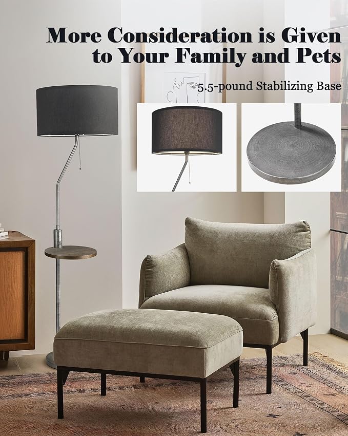 ELYONA C Shaped End Table Floor Lamp with USB A+C Charging Ports Wood Side Table Modern Reading Light Black Linen Shade Farmhouse Tall Standing Lamp for Living Room Bedroom Office LED Bulb Included