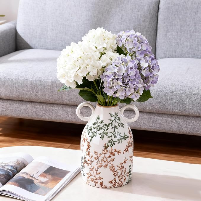 Rustic Green Ceramic Vase with Handle, Nordic Boho Small Vases Side Table Flower Centerpiece, Wide Mouth Single Flower Vase Pampas Grass Decorative - for Home Window Sill Living Dining Room Kitchen