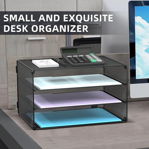 DALTACK 3-Tier Letter Tray - Mesh Metal Desk Organizer with Sliding Trays for A4 Paper & Mail | Black