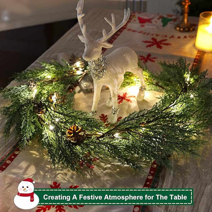 Artgar Christmas Cedar Garland, 6 Ft Realistic Pine Garland, Prelit Christmas Garland with 30 Warm Lights with 8 Light Modes for Mantels Stair Table Indoor Outdoor Winter Xmas Decor (White-Green)