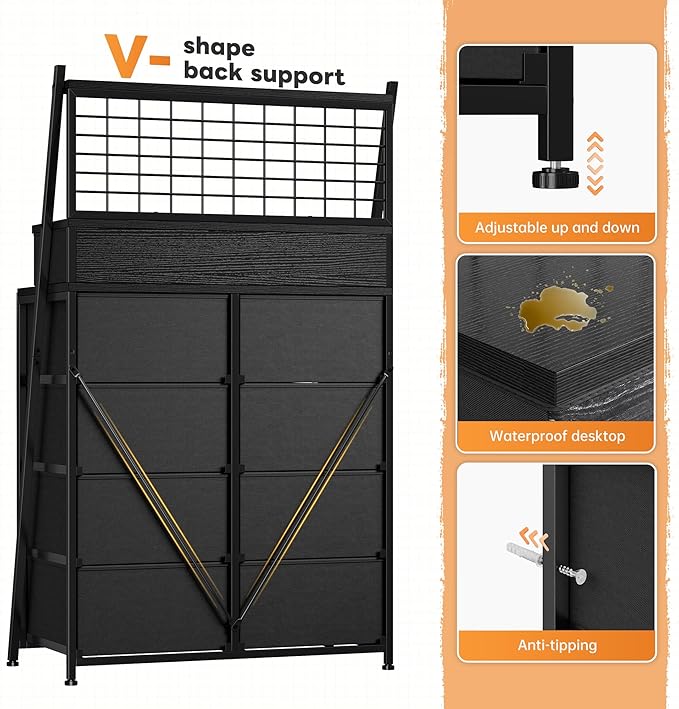 51" H Dresser for Bedroom with LED, 11 Drawer Dresser with Wire Grid Panels & Open Shelves for Entryway, Dorm, Black, 11.8" D x 33.9" W x 51.2" H