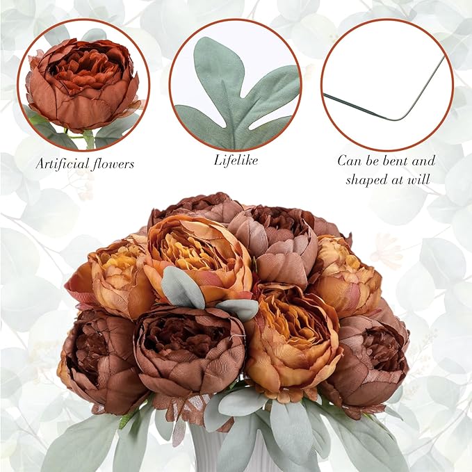 Zeyune 50Pcs Wedding Artificial Peonies 4 Inch Fake Silk Peony Faux Artificial Valentine Flower Bulk Rose Flower Head for Valentine Decoration Vintage Wedding Home Office(Brown and Orange)