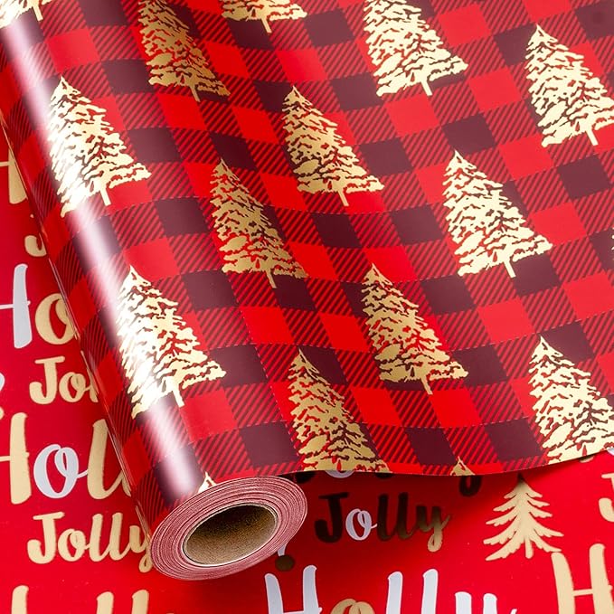 MAYPLUSS Christmas Wrapping Paper Roll, Red Plaid Wrapping Paper, Classic Red Christmas Tree and Plaid Gift Wrap with Metallic Foil Shine for Holiday Gift Packaging (17 Inch X 16.5 Feet)
