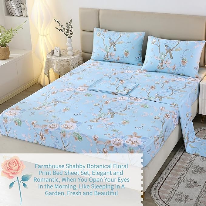 RYNGHIPY Egyptian Cotton Bed Sheet Set Blue Bird Botanical Pattern Bed Sheets Deep Pocket Fitted Sheet Tree Branches Print Bedding Soft Breathable (Light Blue,Full Size)