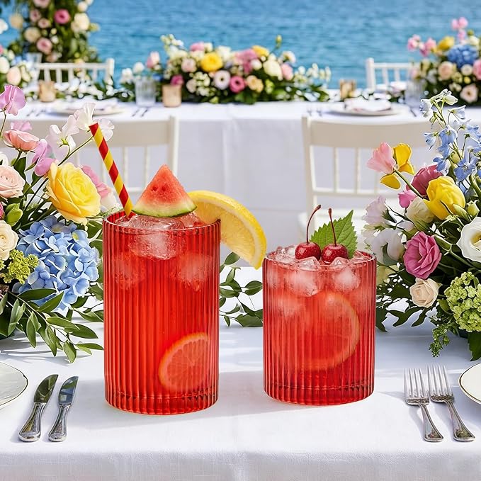 14 oz & 18 oz Ribbed Drinking Glasses Set of 12, Vintage Iced Coffee Cups Elegant Glassware, Highball Glass Cups Ridged Glass Tumbler for Cocktail, Whiskey, Beer, Water, Juice, Origami Style Red