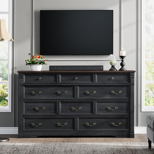 Yaamizz Farmhouse Dresser for Bedroom, 60" Wide 10 Drawer Dressers Storage with Wood Pilasters & Metal Handles, Drawer Organizer for Bedroom, Vintage Design, Hallway, Black