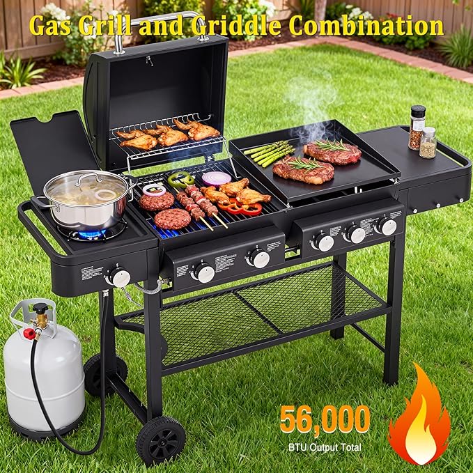 Unovivy 5-Burner Propane Gas Grill and Griddle Combo with Side Burner, BBQ Grills with Built-in Thermometer, 56,000 BTU Barbecue Grill, Oil Tray, Outdoor Patio Garden