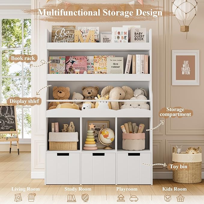 HITHOS 55.3" H Kids Bookshelf with Toy Storage Organizer, Tall Book Shelf with 3 Movable Toy Storage Bins, Large Kids Bookcase with Toy Chest, 39.2" W Modern Toy Box for Kid Room, Playroom, White