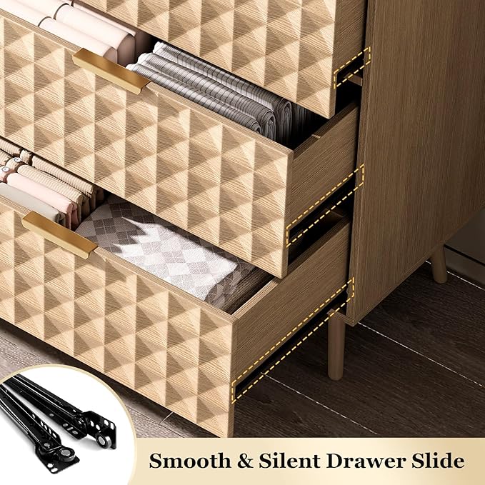 Dresser for Bedroom,Chest of Drawers with Diamond-Shaped 6 Drawer Dresser,Bedroom Dressers TV Stand for Living Room(Natural Oak)