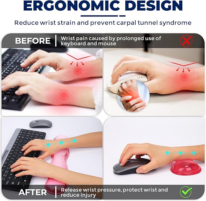 Gel Wrist Rest for Keyboard and Mouse, Wrist Rest for Keyboard, Mouse Wrist Support, Pain Relief, Cool Touch, Non-Skid, Keyboard Wrist pad