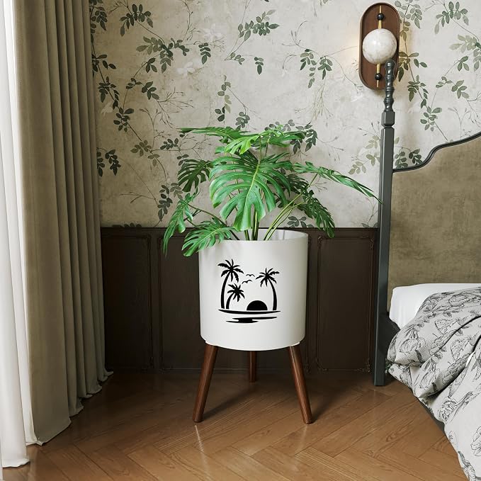12Inch Planter Pot with Stand, Planter for Indoor Plants, Modern Large Flower Planter Pot with Drainage Holes for Outdoor White & Black Palm