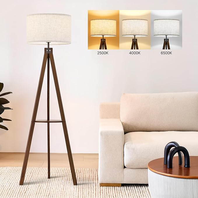 ELYONA Tripod Floor Lamp with Table, Mid Century Wood Shelf Standing Light Modern Tall Floor Lamp with Linen Shade for Living Room Bedroom Office,Dark Brown, 3 Color Temperatures LED Bulb Include