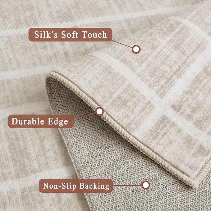 5x7 Area Rugs - Ultra-Thin Washable Rug with Non-Slip Backing, Ideal for Living Room, Bedroom, Kitchen Floor Carpet - Modern Neutral Style, Easy Clean, Durable, Low Pile Rug, Ivory Stripe
