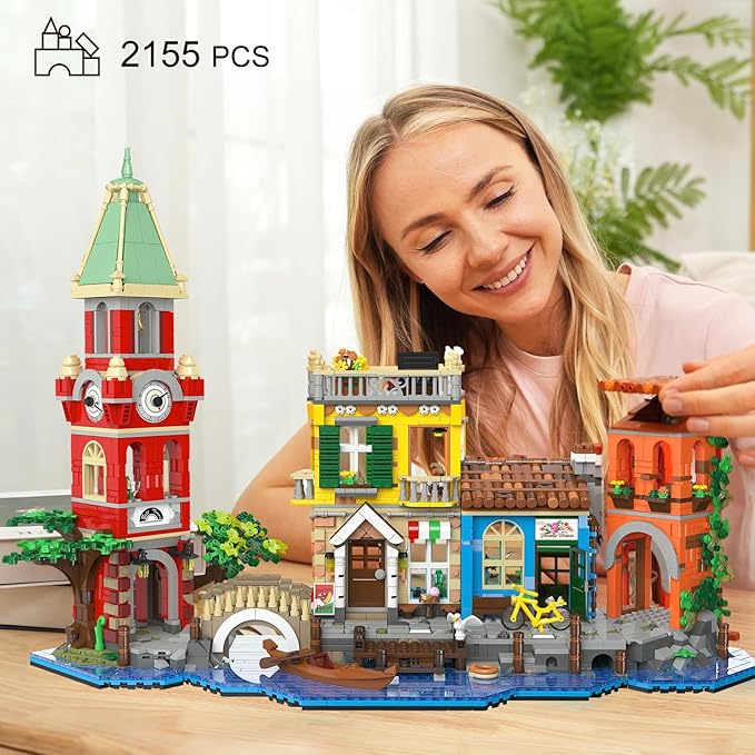 Venice Main Street Building Set for Adults, 2155 PCS City House Building Block Kit with Light Flower Shop Pizzeria, Christmas Home Decor Architecture Model Gift for Women Men Teen Girl 10+