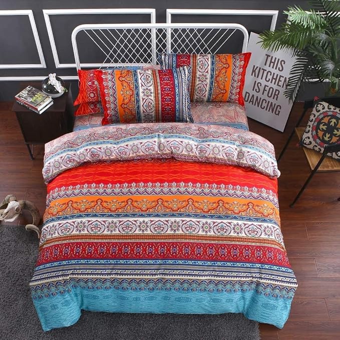 Bohemian King Comforter Set - Soft Chic 3 Piece Bedding, Lightweight Exotic Red Teal Mandala Colorful Vintage Bed Set for All Seasons (King, Boho)