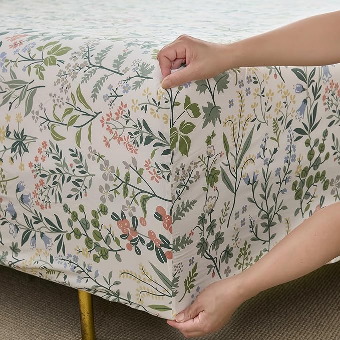 100% Cotton Sheet Set Queen Size – 4-Piece Vintage Green Garden Floral Bedding Set, Soft Breathable Percale Weave, Deep Pocket Fitted Sheet 17.5", Crisp Cool Feel, Refined Botanical Elegance