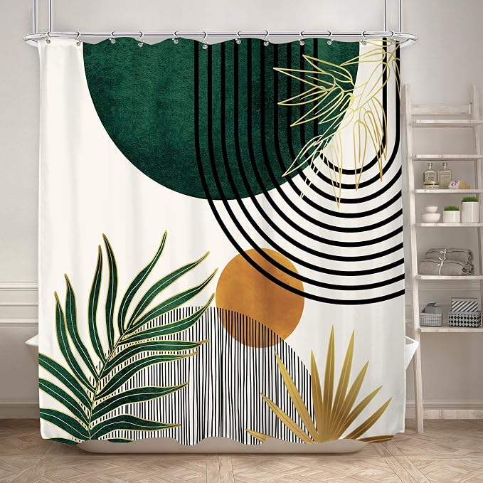 KOMLLEX Mid Century Green Boho Shower Curtain 72Wx72L Inches Abstract Modern Shower Curtains for Bathroom Plant Botanical Minimalist Leaf Arch Sun Fabric Liner Waterproof Polyester 12 Pack Hooks