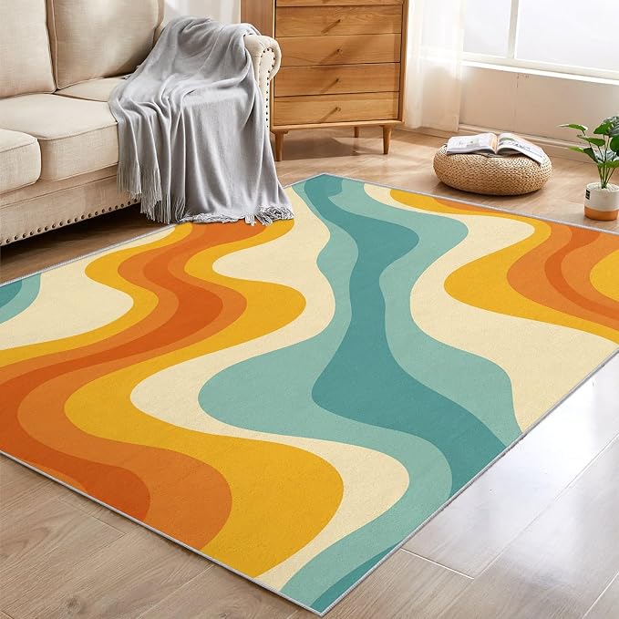 Retro Wavy Rugs for Home Decor, 8x10 ft, Abstract Waves Area Rugs for Living Room, Soft Non Slip Washable 70s Groovy Carpet Bedroom Decorations Dt-Ghf-69