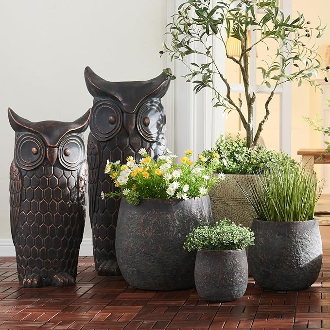 Wallowa 17.3"+12.9"+9.0" Dia Weathered Concrete Flower Pots, Modern Round Style Concrete Planter for Home, Garden, Patio, Courtyard, Bronze Rust Color, Set of 3