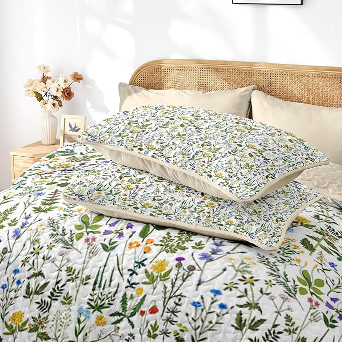 Quilt Set Twin Size, Garden Floral 2 Pcs Soft Bed Cover Bedding Set, Country Rustic Farmhouse Lightweight Bedspread Coverlet with Pillow Sham for All Season