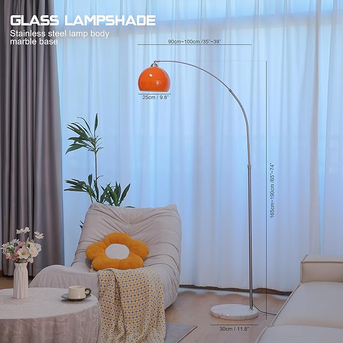 Orange Arc Floor Lamp, Mid Century Modern Arched Floor Lamp with Orange Glass Shade, Adjustable Height & Reach, Brushed Nickel Stainless Steel, White Marble Base Standing Lamp for Living Room Bedroom
