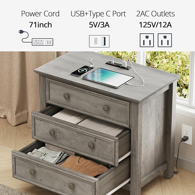 LGHM Large Nightstand with Charger Station, Dressers for Bedroom with 3 Drawers, 25.6" Tall Chest of Drawers Closet Organizers & Storage Clothes -Textured Borders for Living Room, Hallway, Gray