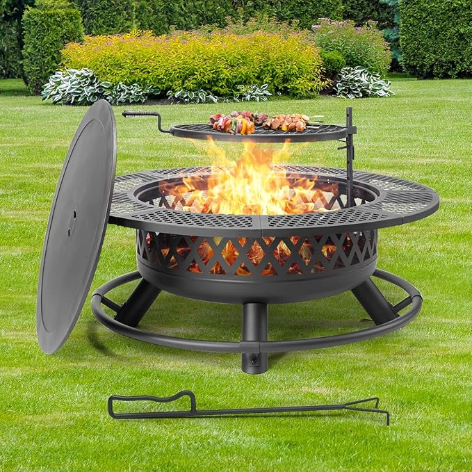 Panovue 42 Inch Outdoor Fire Pit with Grill, Large Firepit Table for Outside, Metal Round Firepits with Lid&Fire Poker,3 in 1 Wood Burning Fire Pits & Outdoor Fireplaces for Backyard,Patio(42'' Black)