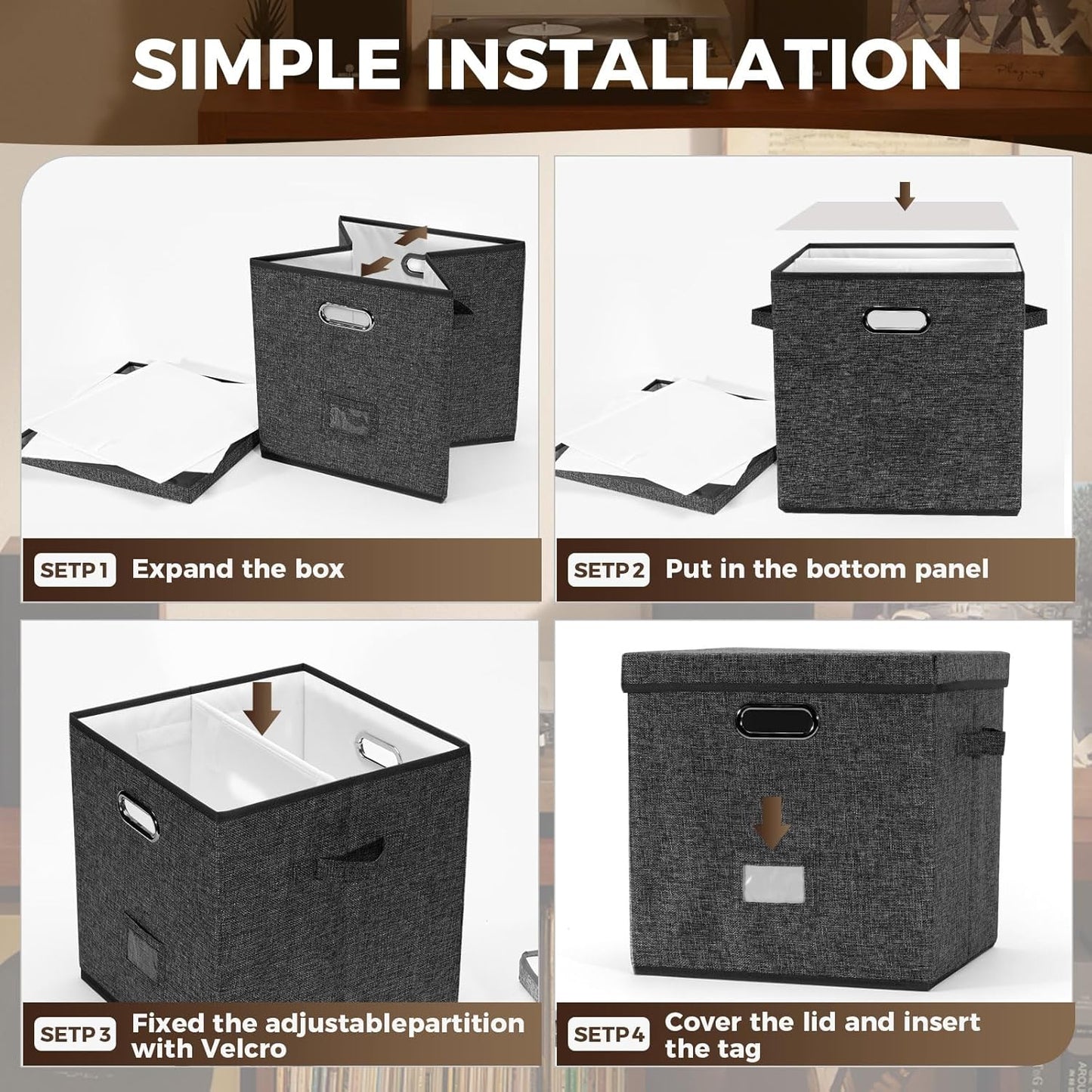 Skiennix Vinyl Record Storage Box - Holds 50+ LPs, Decorative Organizer with Lid | Black