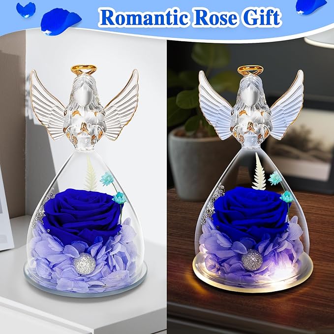 Lurlin Birthday Flowers for Women: Preserved Rose Gift for Mom, Grandma, Wife, Friend, Nurse; Glass Angel Figurines with LED Light