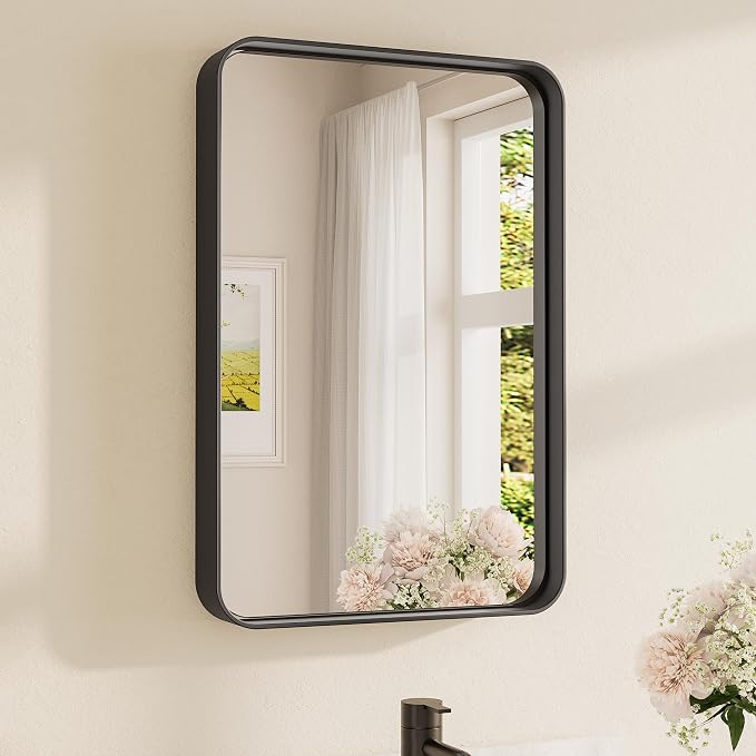 TETOTE 16 x 24 Inch Black Frame Mirror, Bathroom Vanity Mirror for Wall, Modern Round Corner Rectangle Matte Framed Mirror 2 Inch Thick(Horizontal/Vertical)