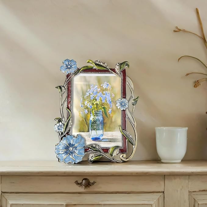 Vintage Floral Picture Frames Luxury Unique Ornate Antique Metal Photo Frame of HD Glass for Tabletop/Wall Display Gifts for Women (Blue Flowers, 4X6)