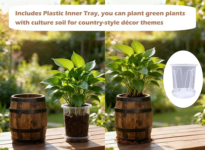 Wood Wine Barrel Vase 6" x 5" – Mini Barrel Rustic Wooden Flower Vase Planter for Wedding Reception, Party Table Decoration,Home Indoor Outdoor Garden, Kitchen,Planting-2pcs (2)