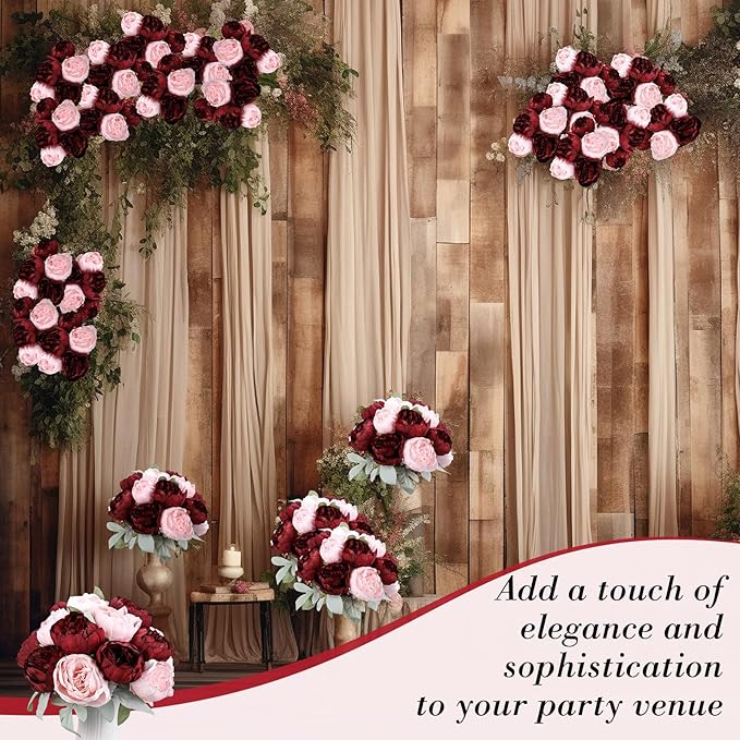 Zeyune 50Pcs Wedding Artificial Peonies 4 Inch Fake Silk Peony Faux Artificial Valentine Flower Bulk Rose Flower Head for Valentine Decoration Vintage Wedding Home Office (Burgundy and Pink)