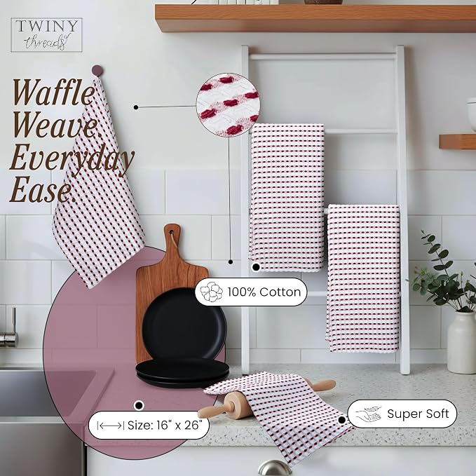 TWINY threads Waffle Weave Dish Towels Set of 4, Premium Cotton 16x26 Kitchen Hand Towel, Super Absorbent, Durable & Reusable Tea Towels for Home, Restaurants & Cafes, Burgundy Wine, White