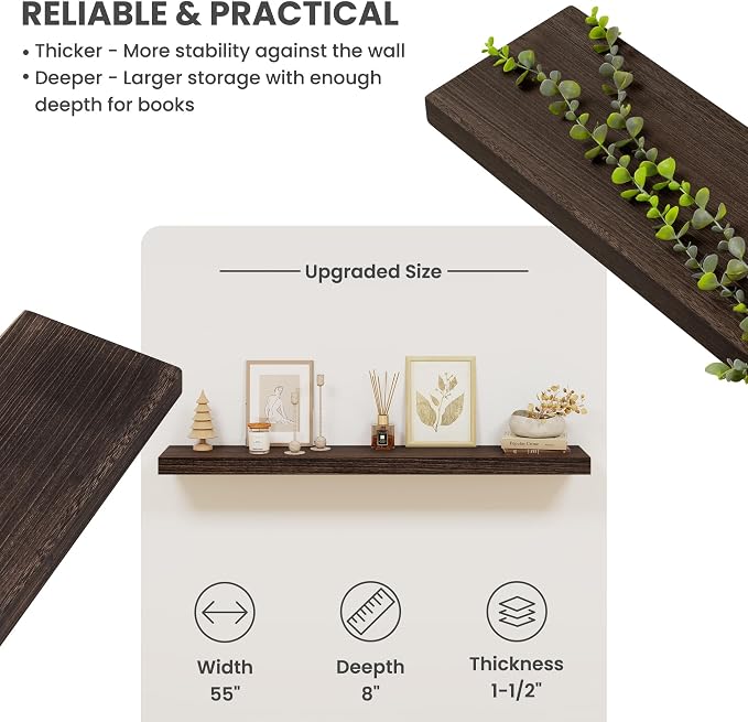 Solid Wood Floating Shelves for Wall 55"W x 8"D x 1.56"H Set of 1, Deep Wall Shelves for Living Room Bedroom Bathroom Kitchen Decor Storage with Invisible Heavy-Duty Metal Bracket, Rustic Brown