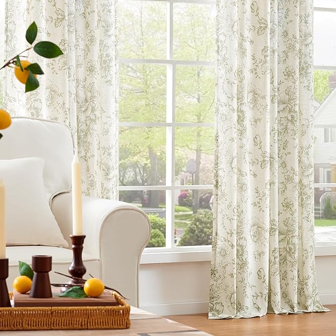 jinachan Linen Blend Floral Curtains for Living Room 90 Inch Length Christmas Sage Green Printed Curtain Rod Pocket Back Tab Farmhouse Peony Flower Patterned Drapes Bedroom Curtains Set 2 Panels