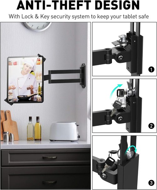 AboveTEK Tablet Wall Mount - 360° Rotating Holder with Anti-Theft Security Lock | Fits 7"-11" Tablets (Black)