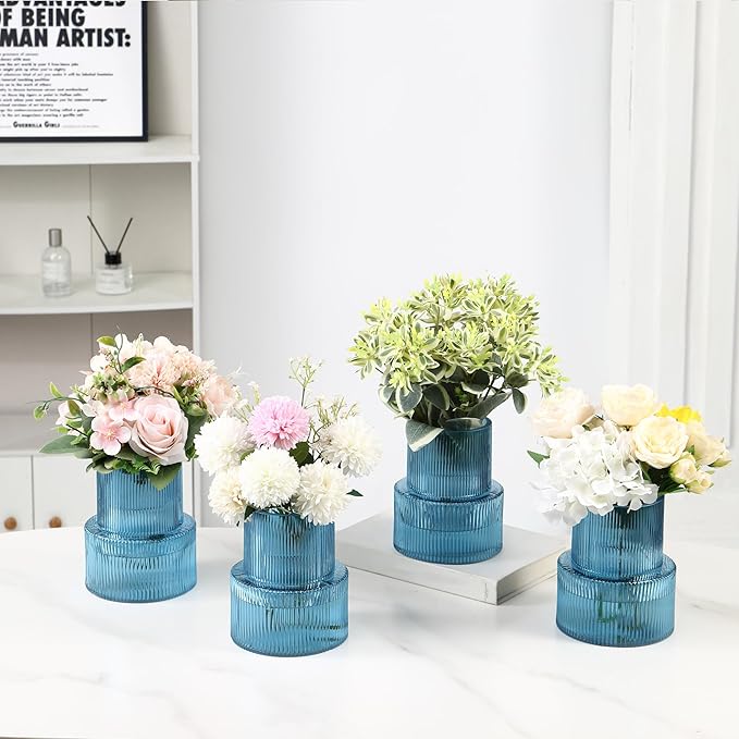Ribbed Glass Vases, Set of 4 Small Vases for Flowers, Blue Glass Vase for Tulips, Modern Vase for Living Room, Kitchen, Office, Entryway, Bookshelf, Wedding Gifts, Birthday, 6 Inches